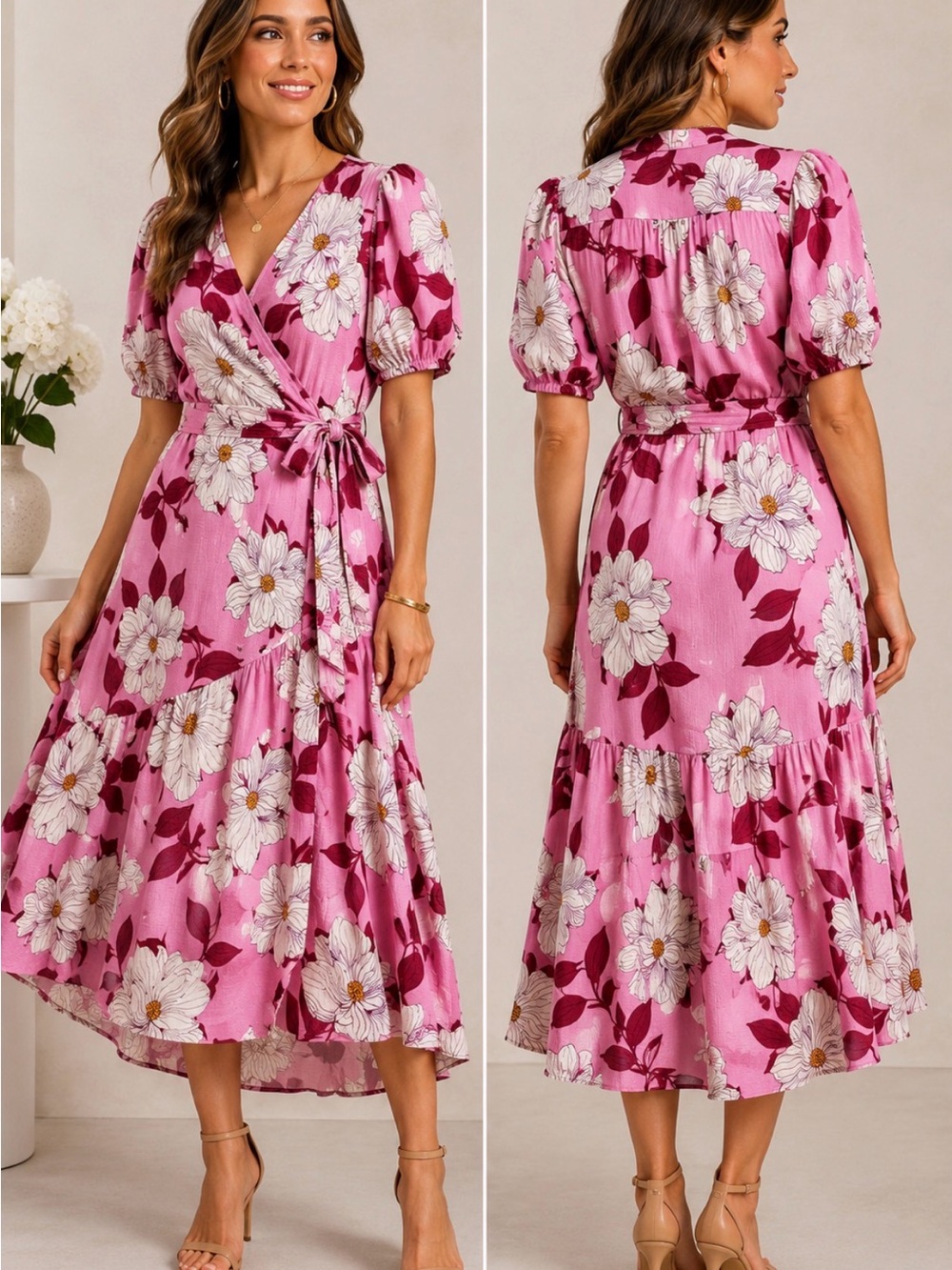 Draper James Pink Floral Wrap Midi Dress Puff Sleeve Women’s Size L NWT